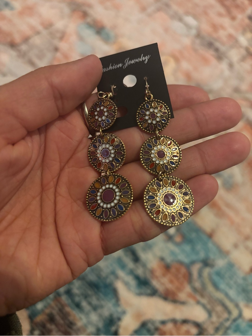 Fashion Jewelry Gold-Tone Multicolor Enamel Triple Disc Drop Earrings